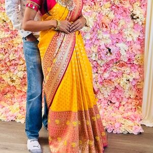 Banarasi yellow pink  Haldi saree sari zardozi/maggam work blouse